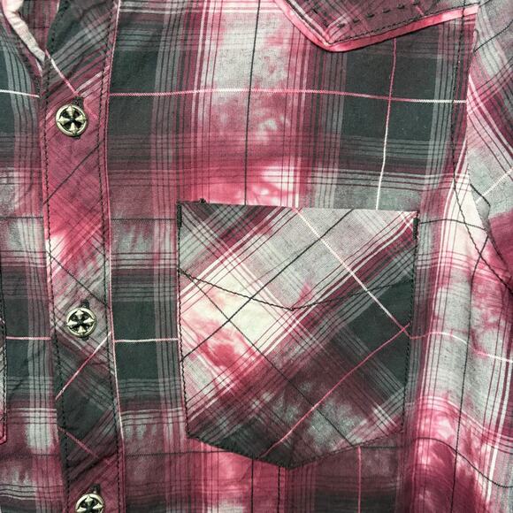 Affliction Womens Y2K Button Up Shirt M Black Maroon Plaid Moto Spell Out Logo - Picture 5 of 12